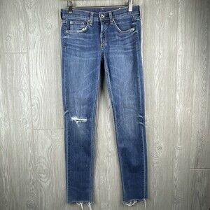 RAG & BONE Medium Wash Dre‎ Destroyed Distressed Raw Hem Skinny Jeans Womens 24